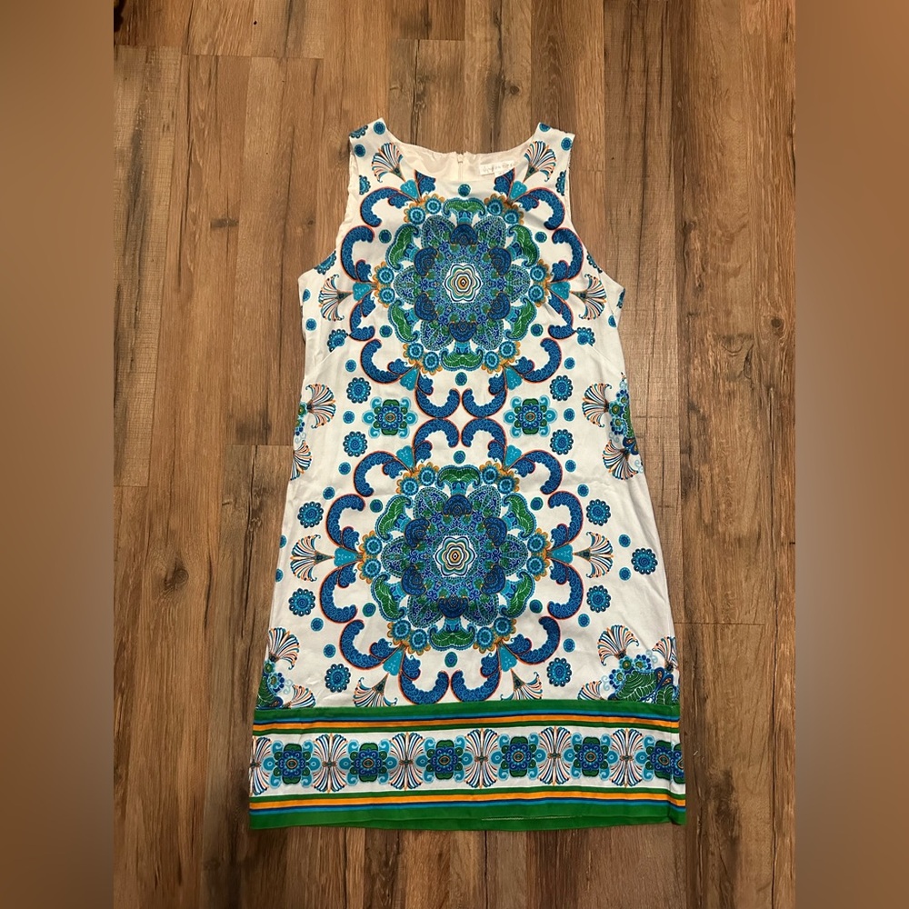 London Times Blue and Green Patterned Sleeveless Dress